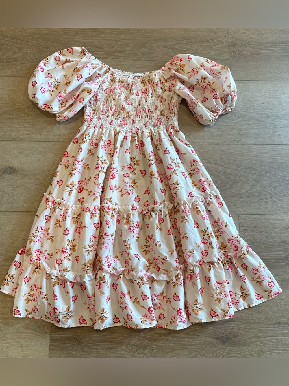 Pink Ripple Floral Puff Sleeve Smocked Tiered Midi Sundress Beige Pink Women’s L